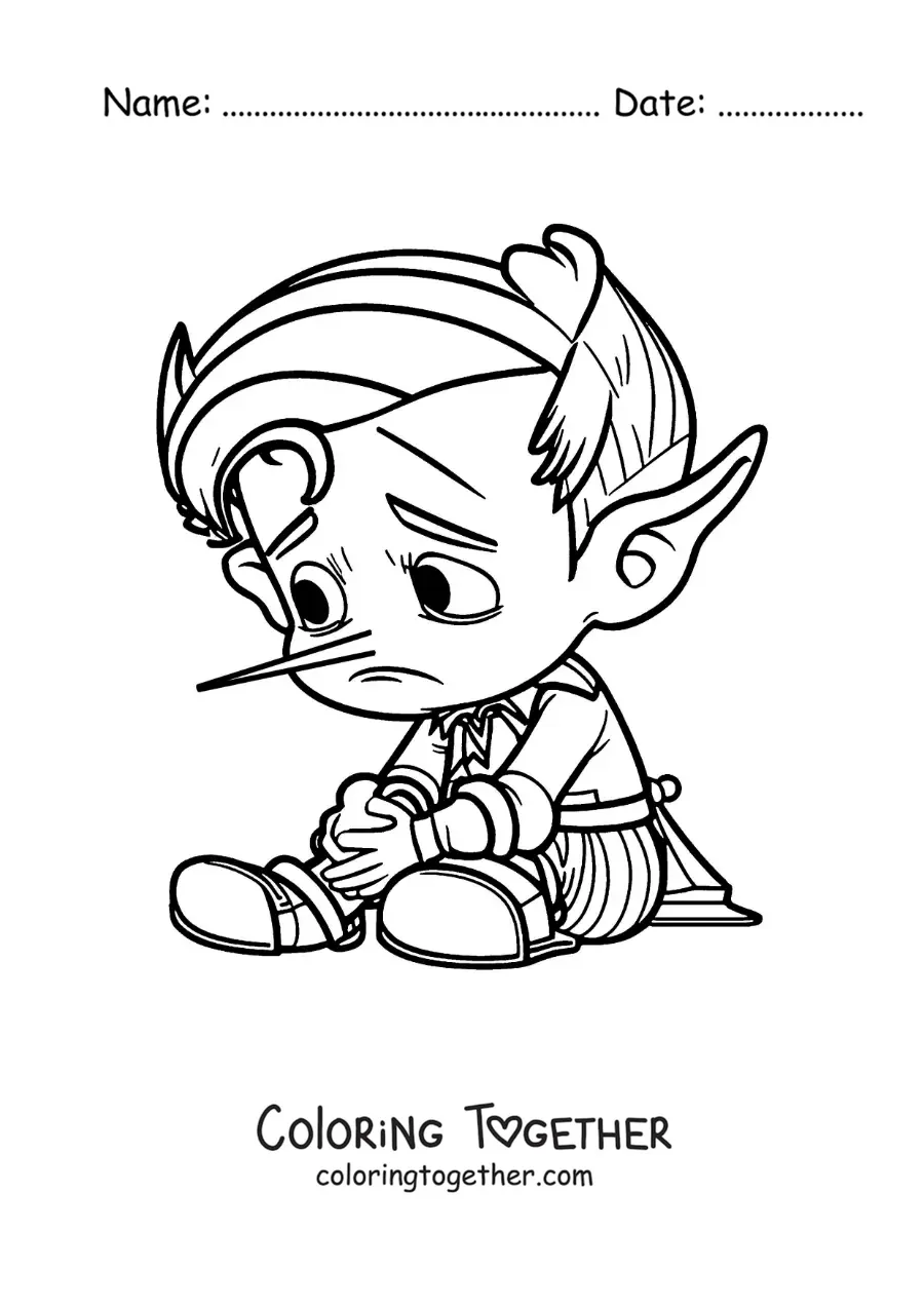 Coloring page of Pinocchio with a long nose and long ears