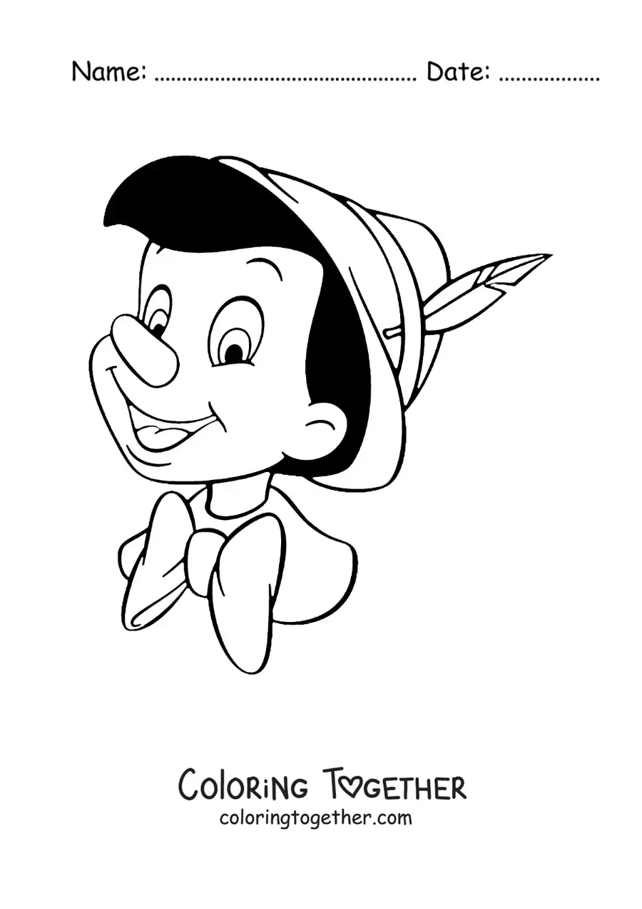 Coloring page of a cartoon Pinocchio face
