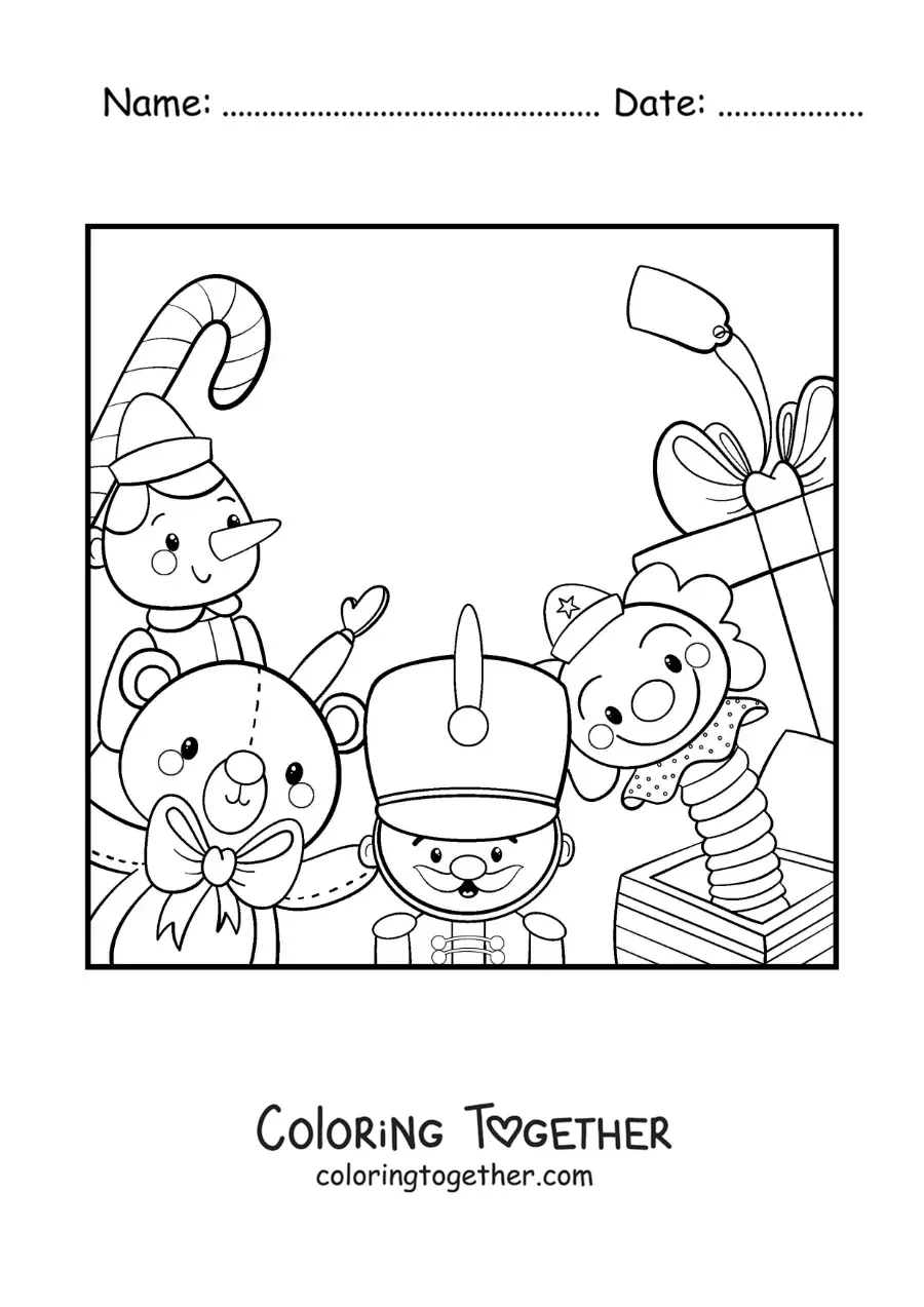Coloring page of Pinocchio and Christmas toys