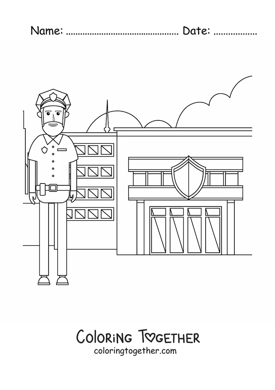 Coloring page of a police officer in front of the police station