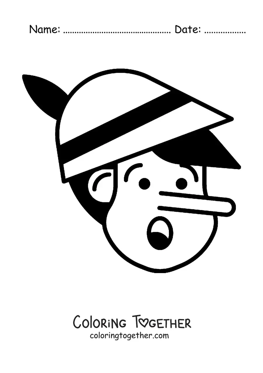 Coloring page of Pinocchio's face with the big nose