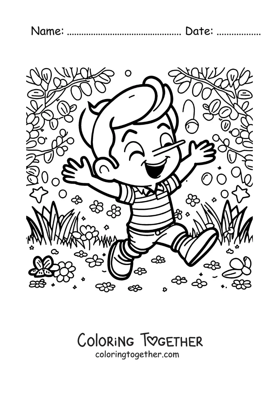 Coloring page of cartoon Pinocchio in the forest