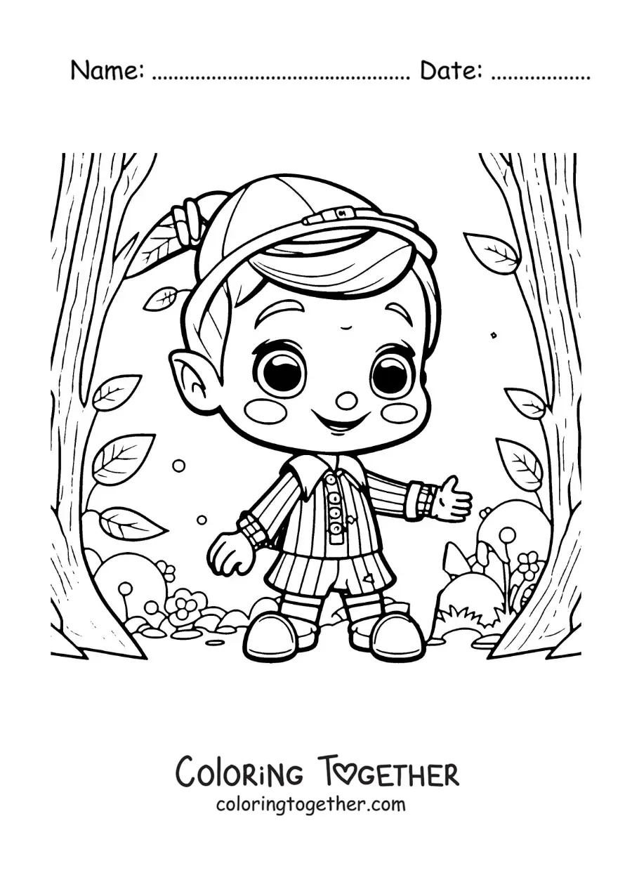 Coloring page of kawaii Pinocchio in the forest