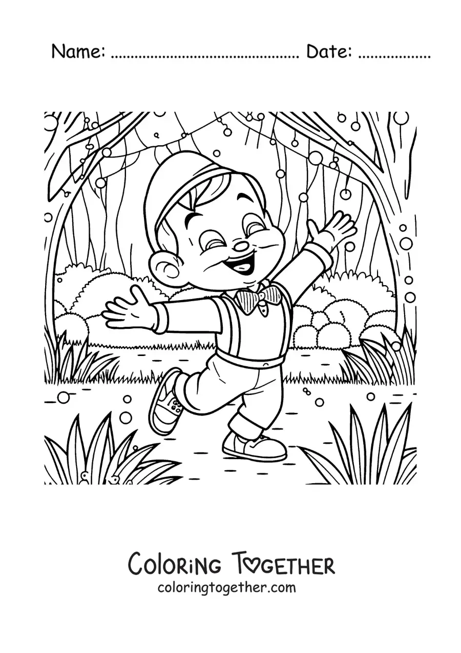 Coloring page of happy Pinocchio in the forest