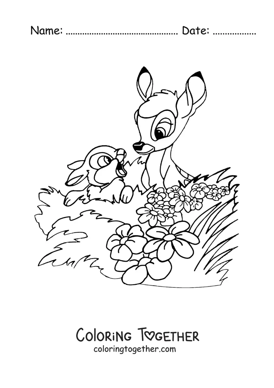 Coloring page of cartoon Bambi and Thumper