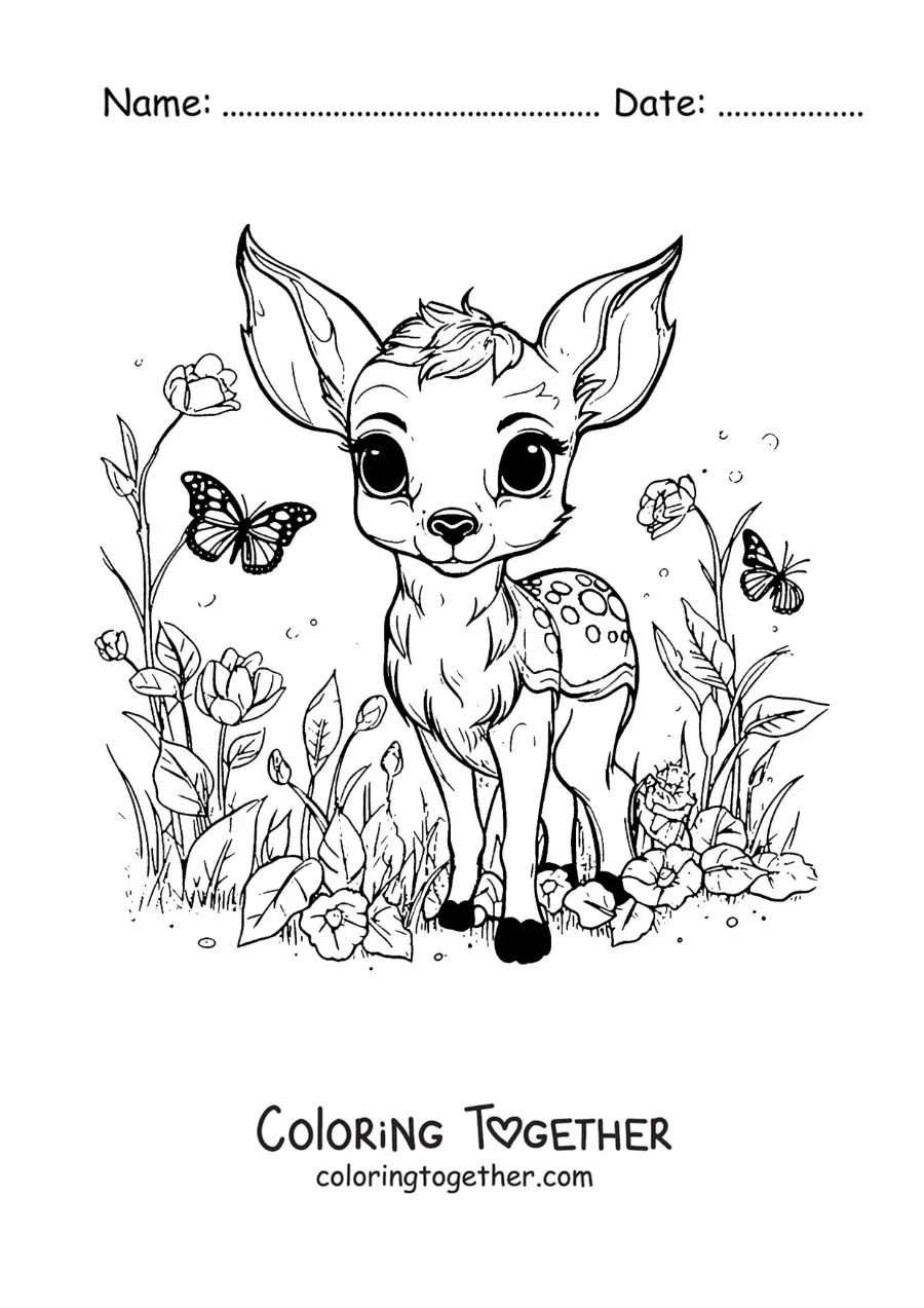 Coloring page of kawaii Bambi with butterflies