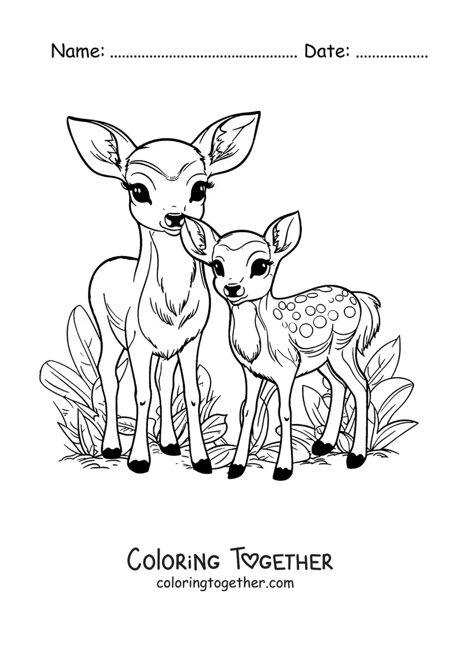 Coloring page of kawaii Bambi with his mom