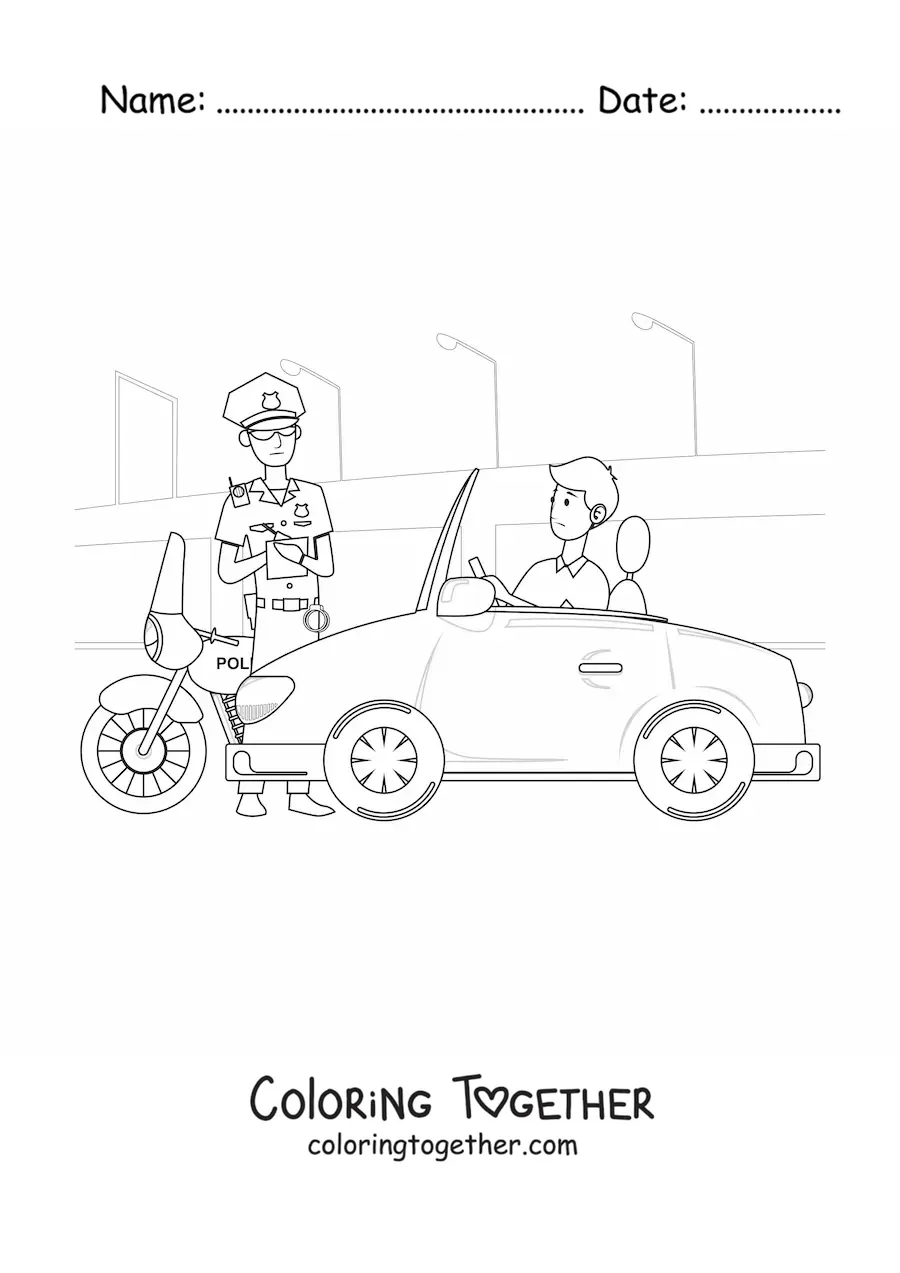Coloring page of a traffic police officer fining a driver