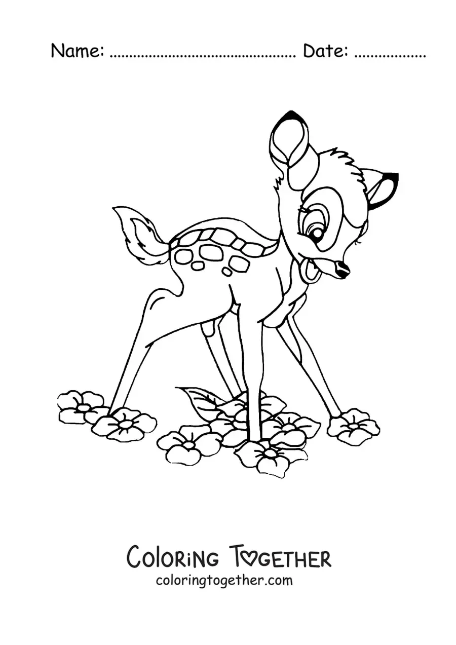 Coloring page of cartoon Bambi learning to walk among flowers