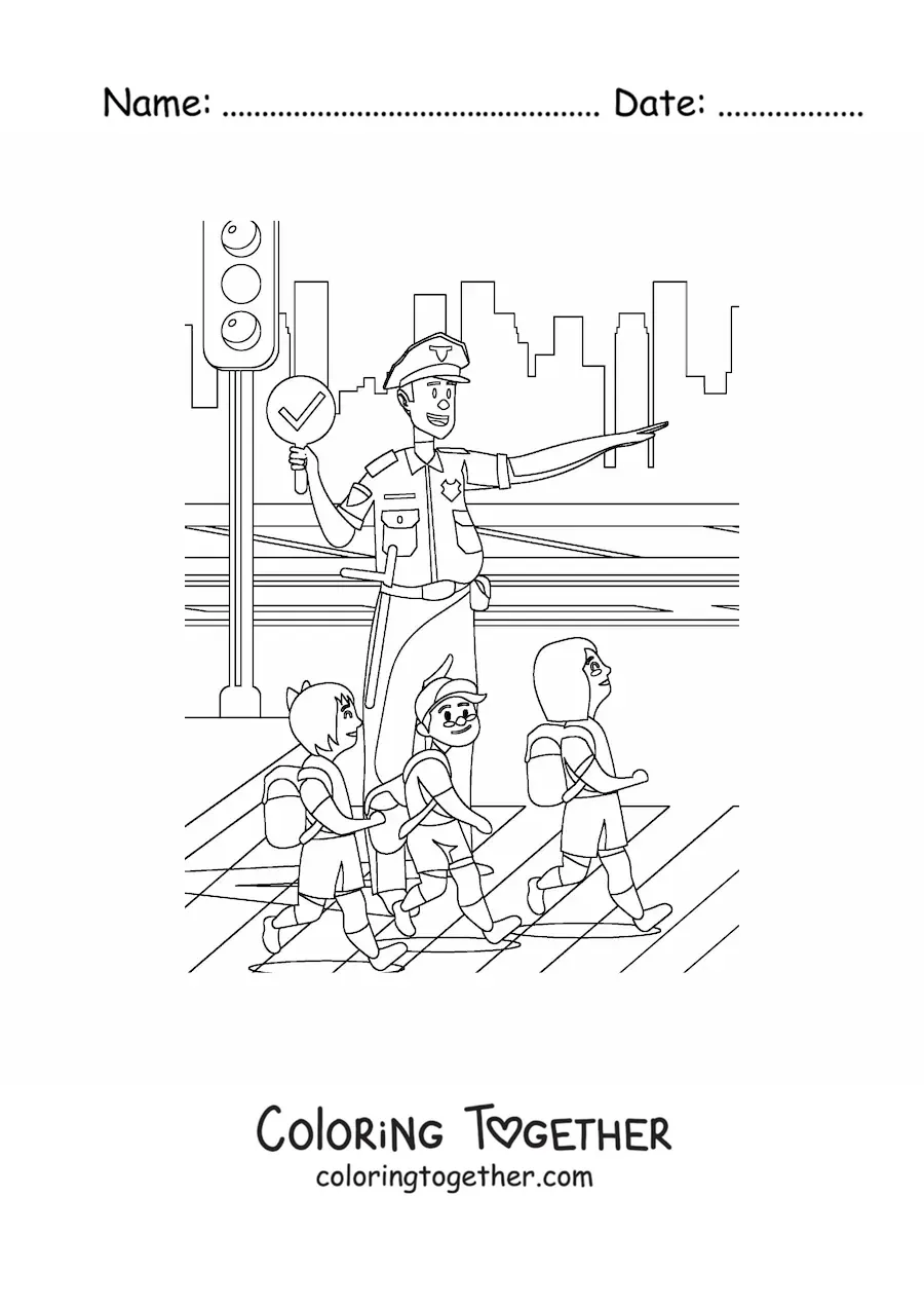 Coloring page of a traffic police officer helping kids cross the street