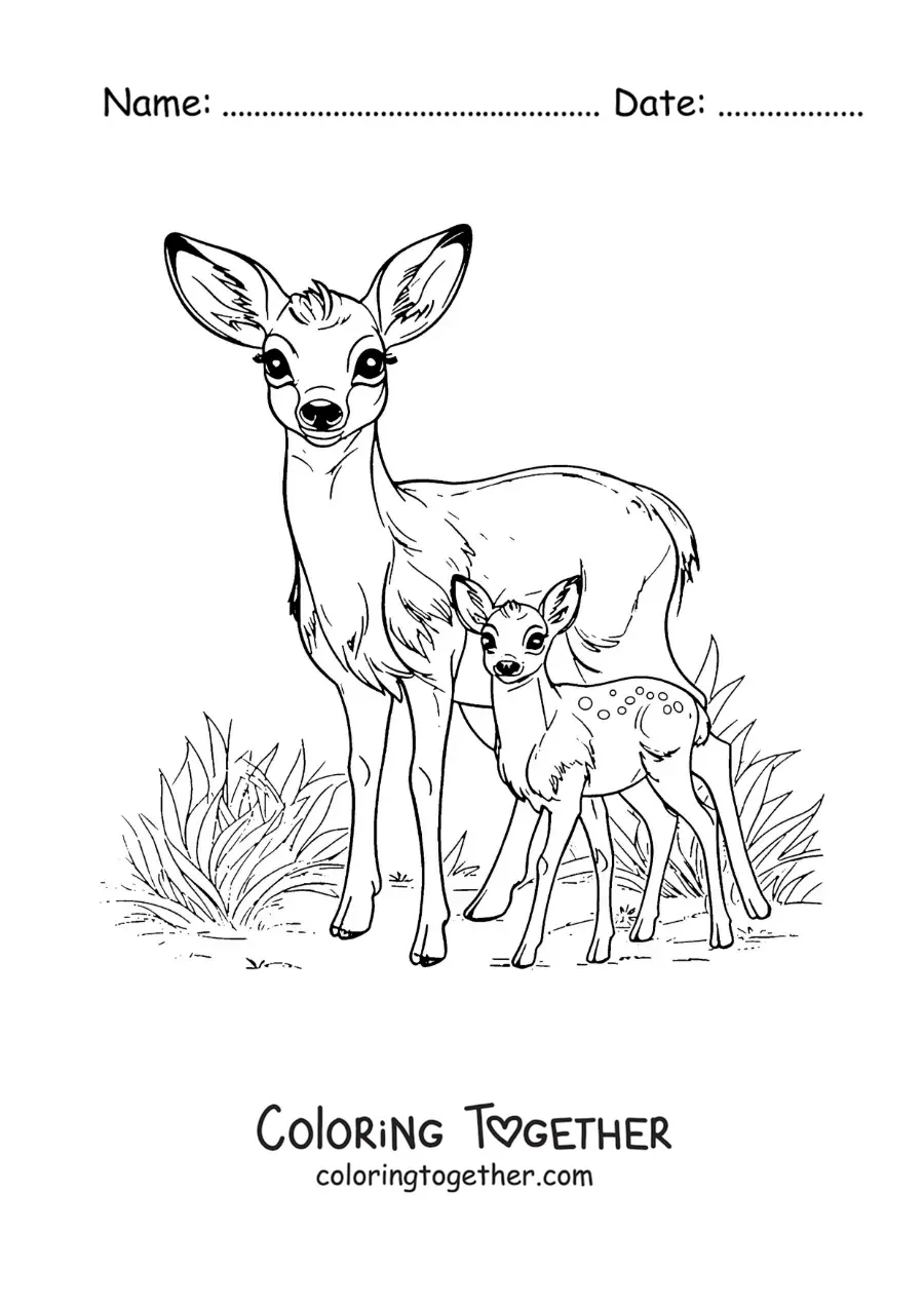 Coloring page of realistic Bambi and his mom