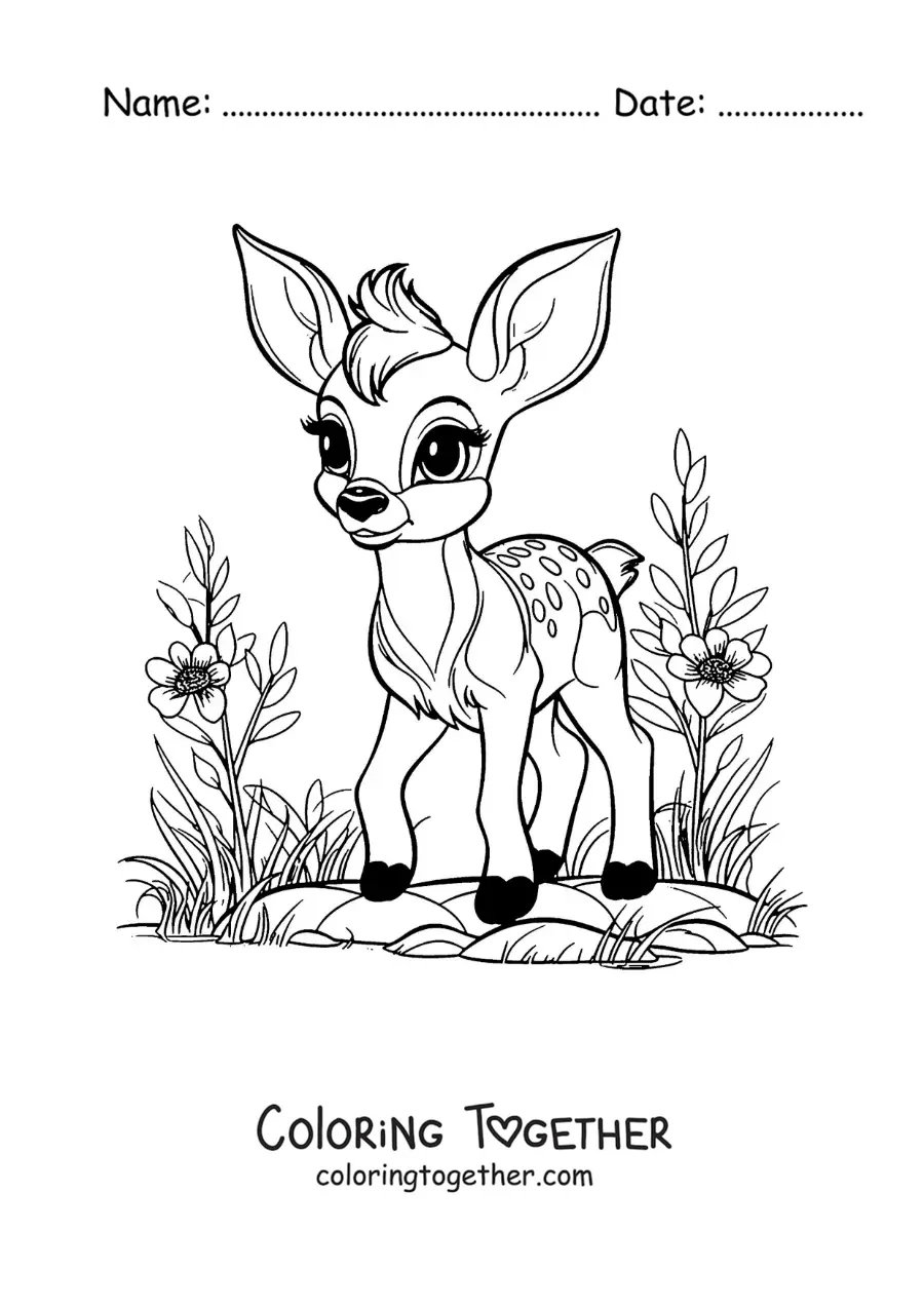 Coloring page of kawaii Bambi walking
