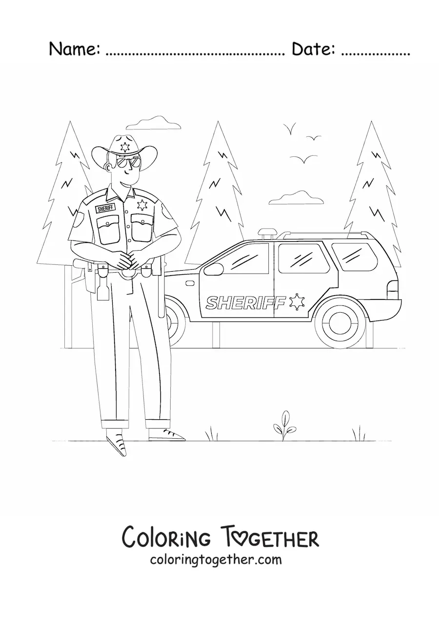 Coloring page of a sheriff next to a patrol car