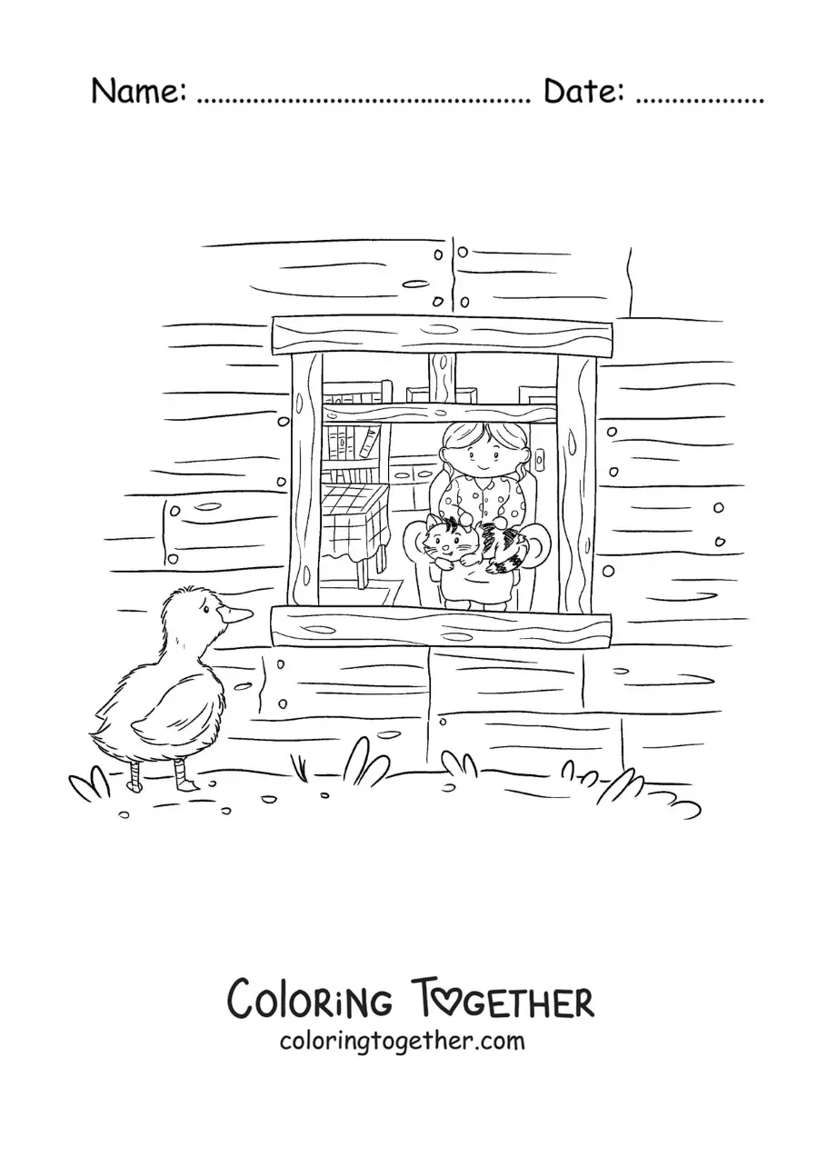 Coloring page of the Ugly Duckling looking through the window