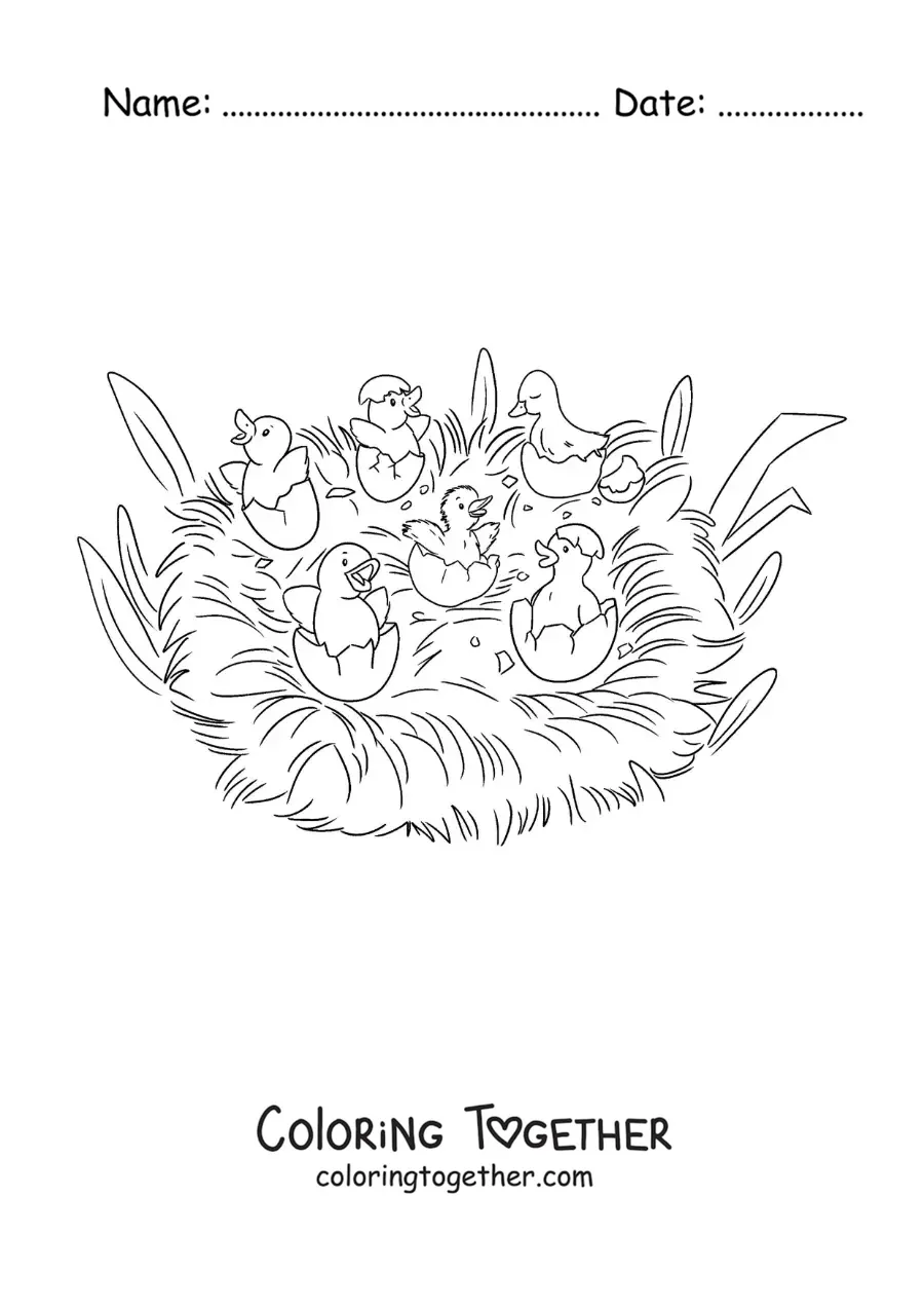 Coloring page of the Ugly Duckling and his brothers breaking out of the shell