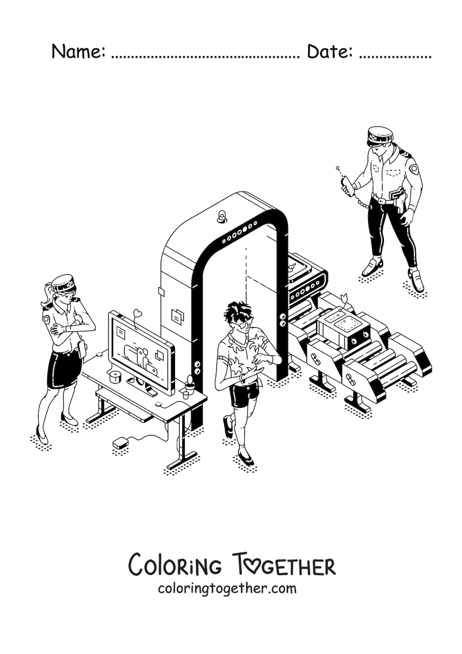 Coloring page of a couple of security police officers at the airport