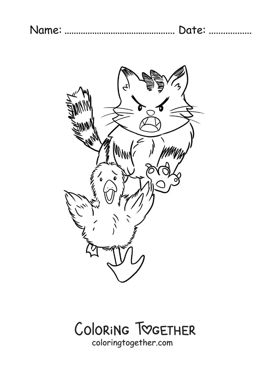 Coloring page of the animated Ugly Duckling running away from a cat