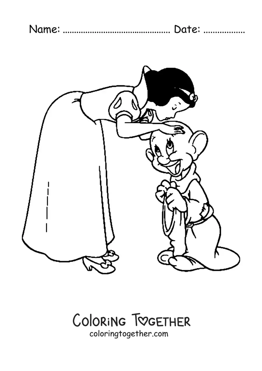 Coloring page of Snow White kissing one of the dwarfs