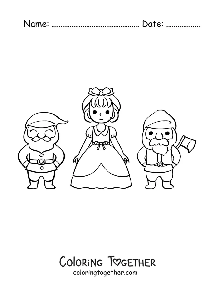 Coloring page of Snow White and two dwarfs