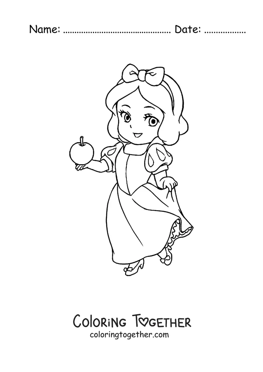 Coloring page of kawaii Snow White with an apple