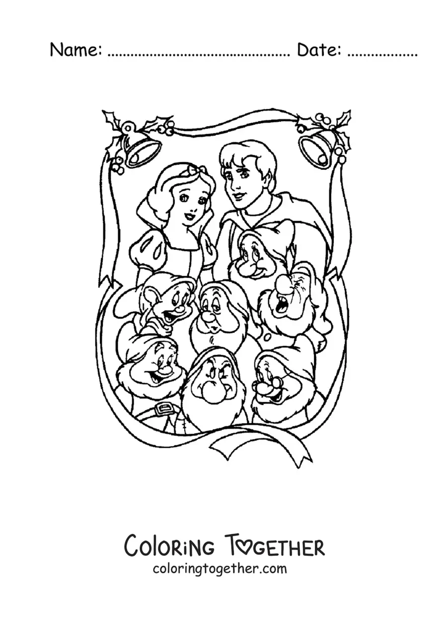 Coloring page of Snow White with the prince and the seven dwarfs