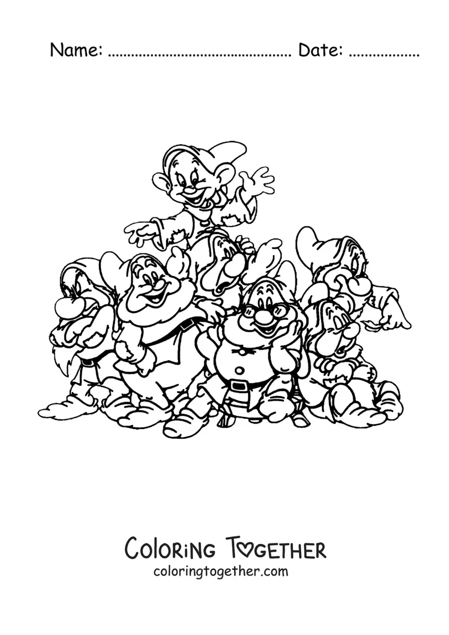 Coloring page of the 7 dwarfs from Snow White