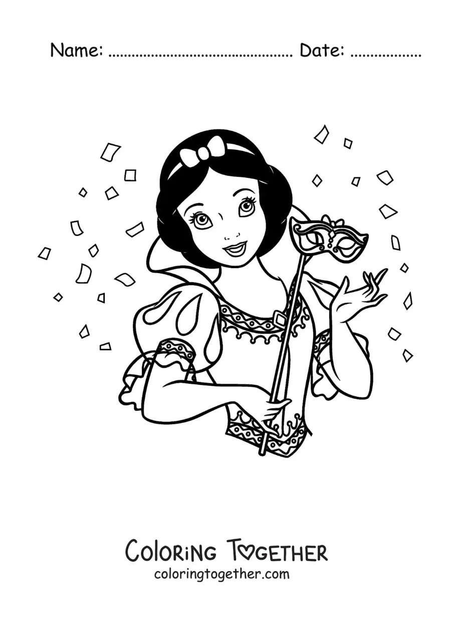 Coloring page of Snow White with a mask
