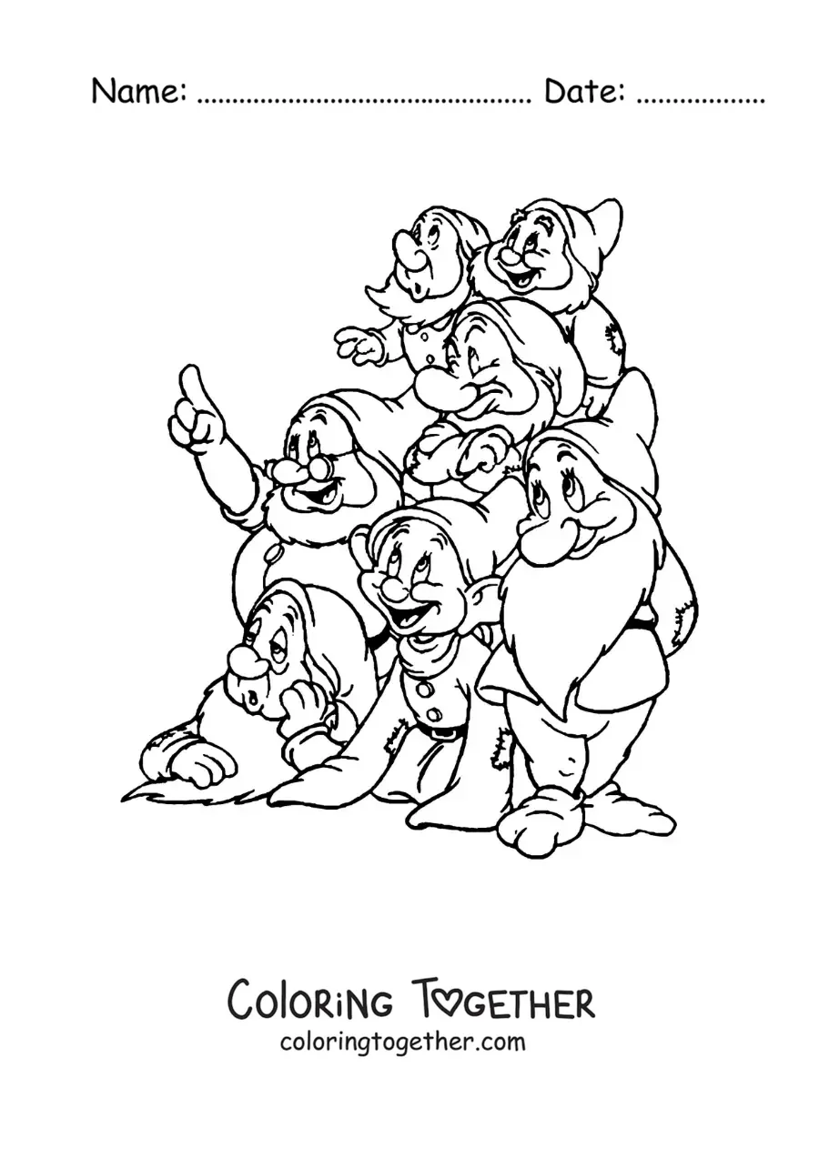 Coloring page of Snow White's seven dwarfs