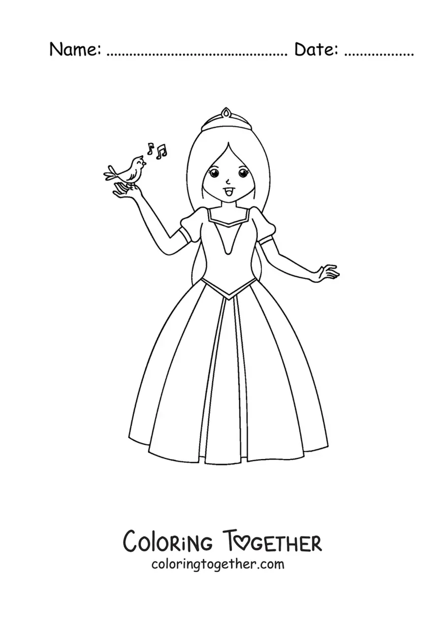 Coloring page of Snow White with a singing bird