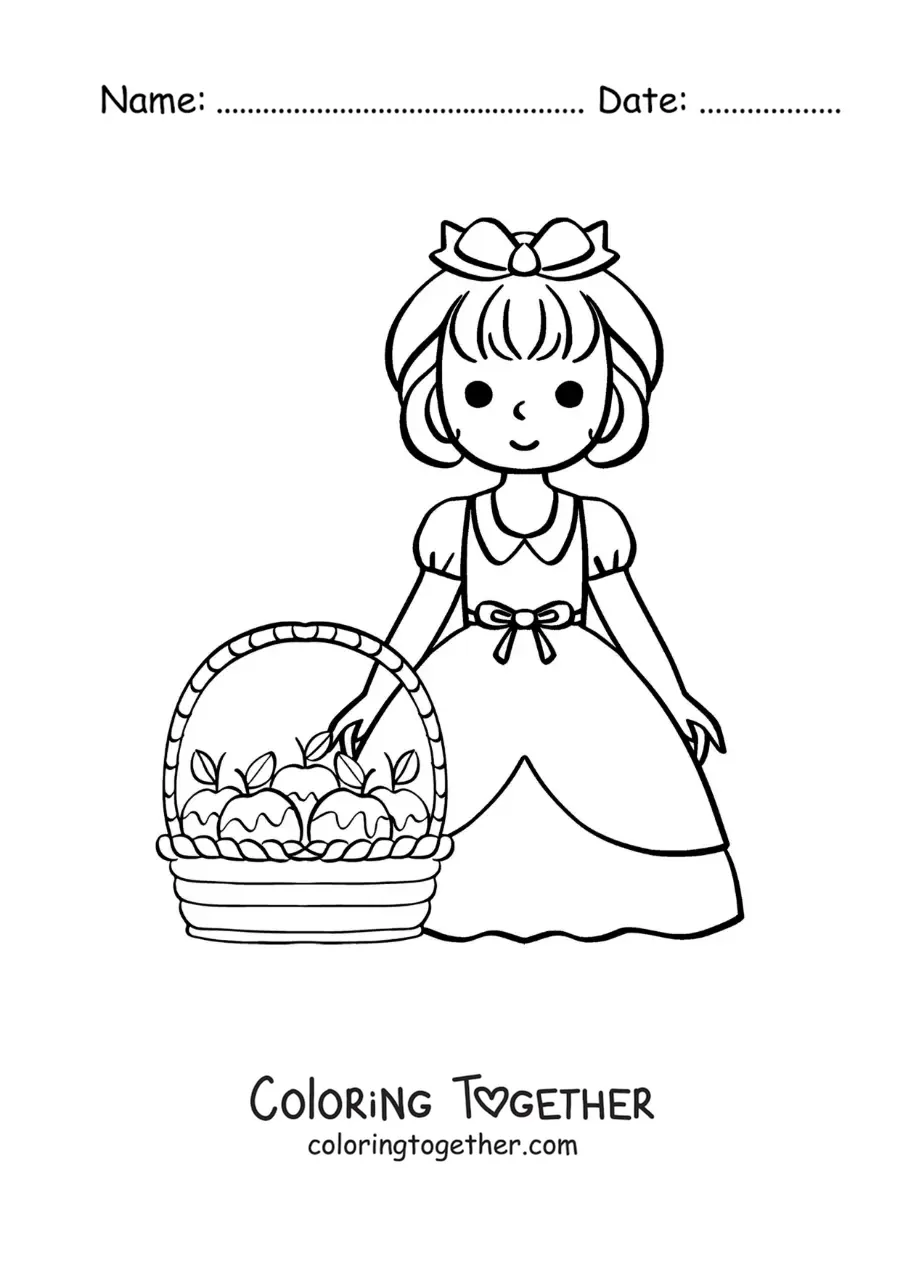 Coloring page of cartoon Snow White with a basket of apples
