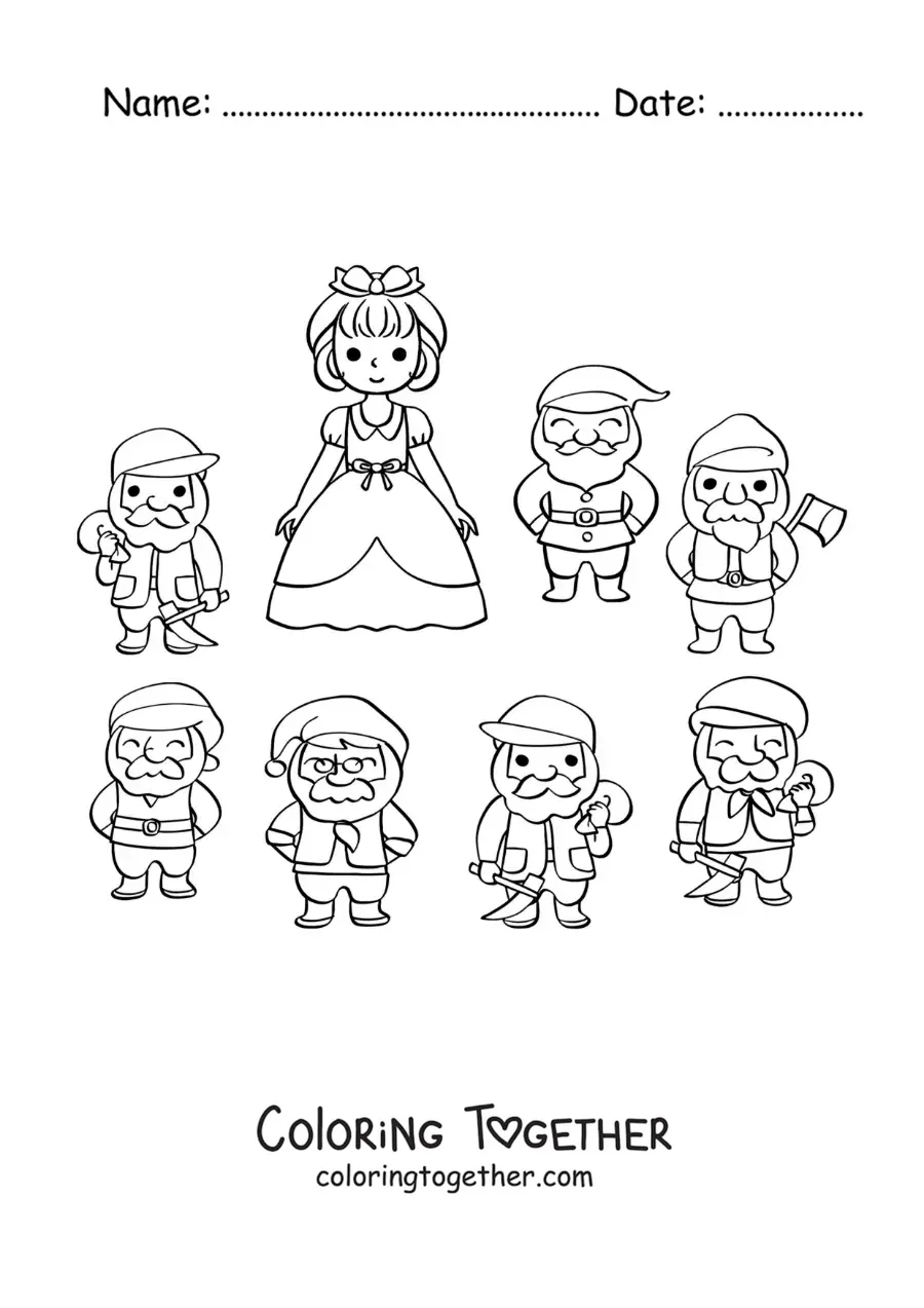 Coloring page of cartoon Snow White with the 7 dwarfs