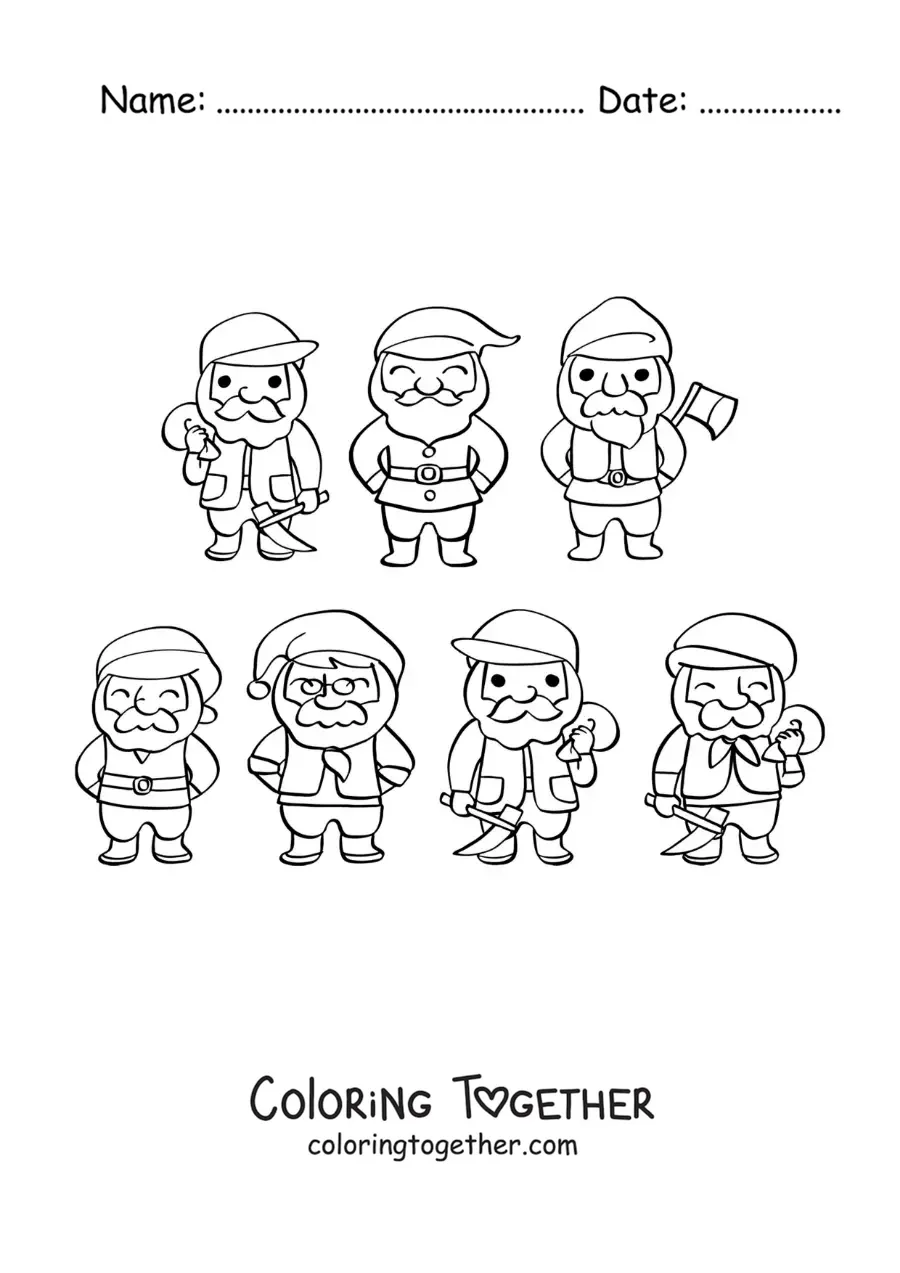 Coloring page of Snow White and the 7 dwarfs