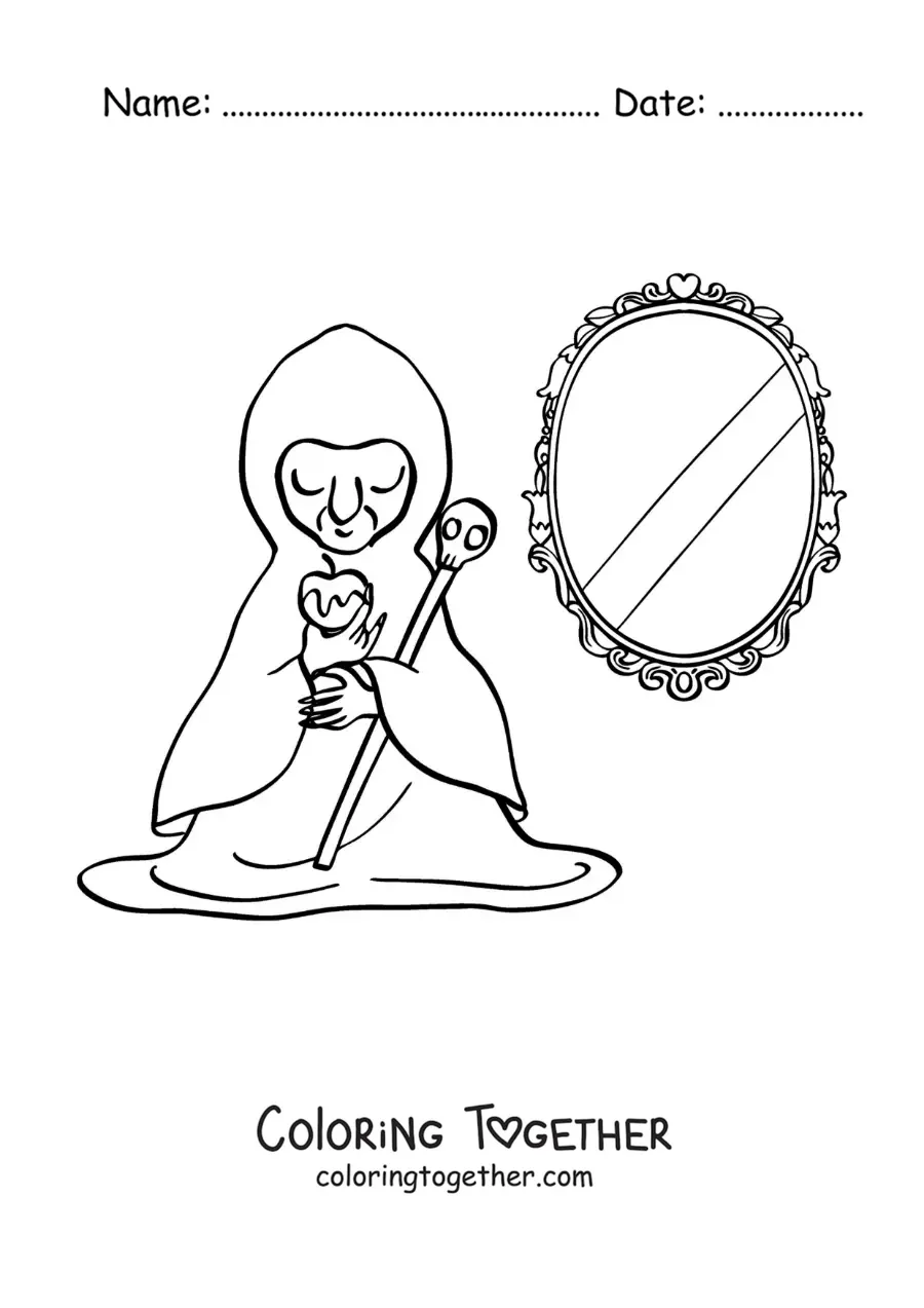 Coloring page of the evil witch from Snow White with her mirror