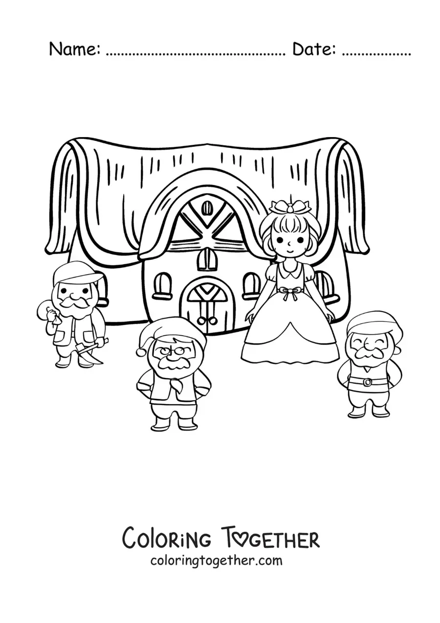 Coloring page of Snow White in the house of the seven dwarfs