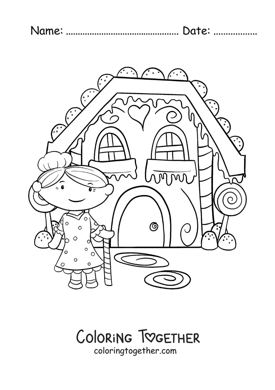 Coloring page of the witch from Hansel and Gretel in her house