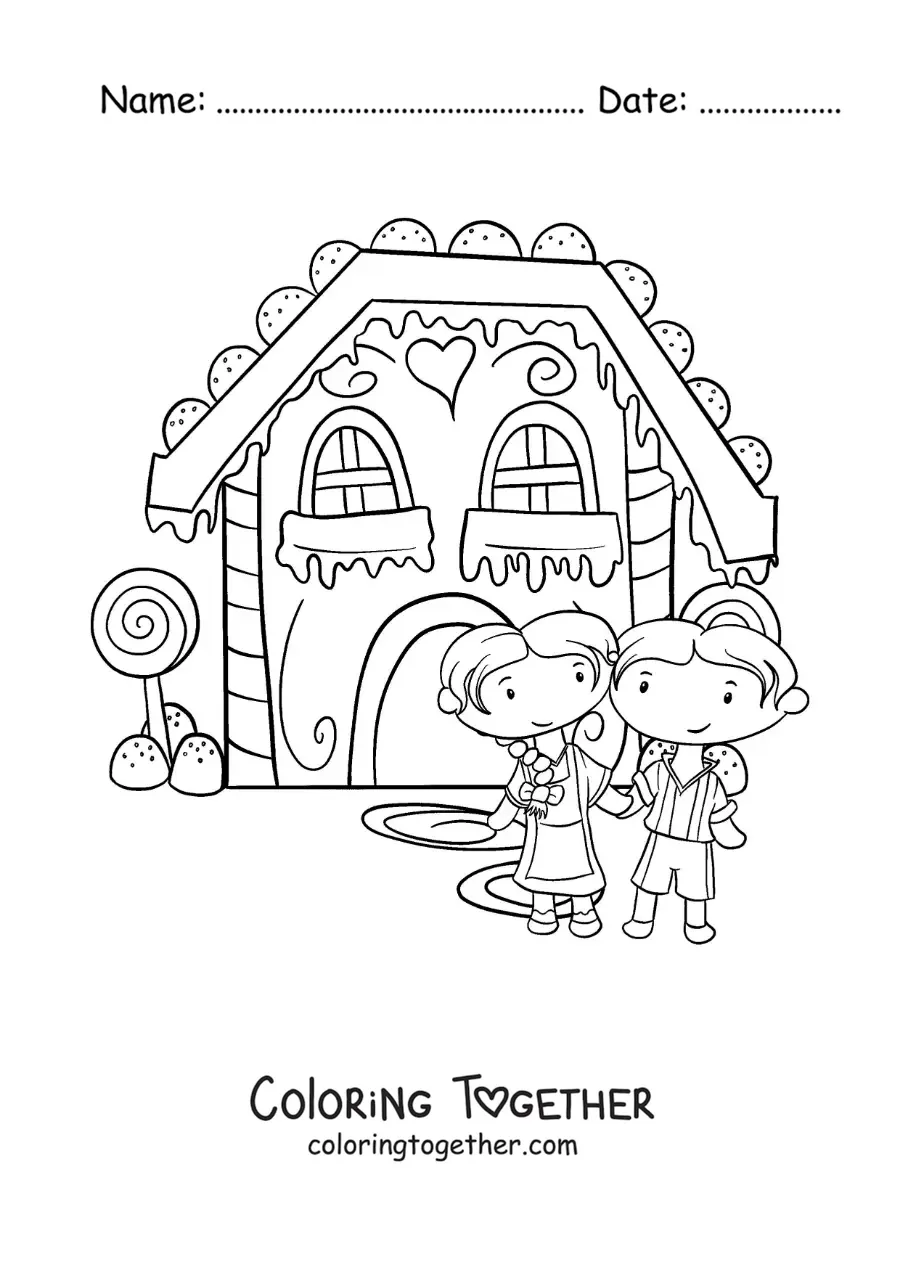 Coloring page of Hansel and Gretel at the candy house