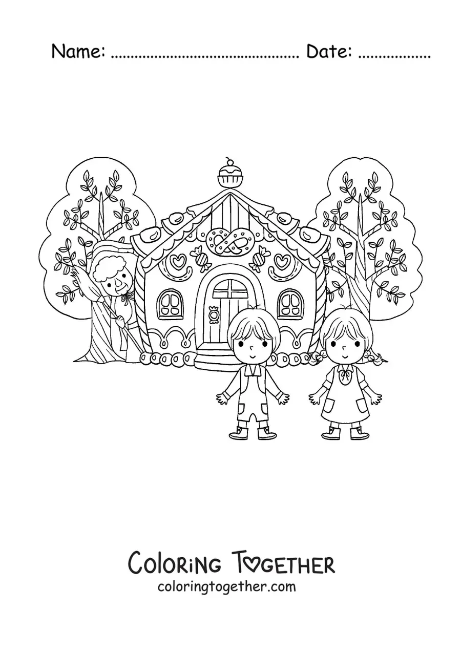 Coloring page of Hansel and Gretel at the witch's house
