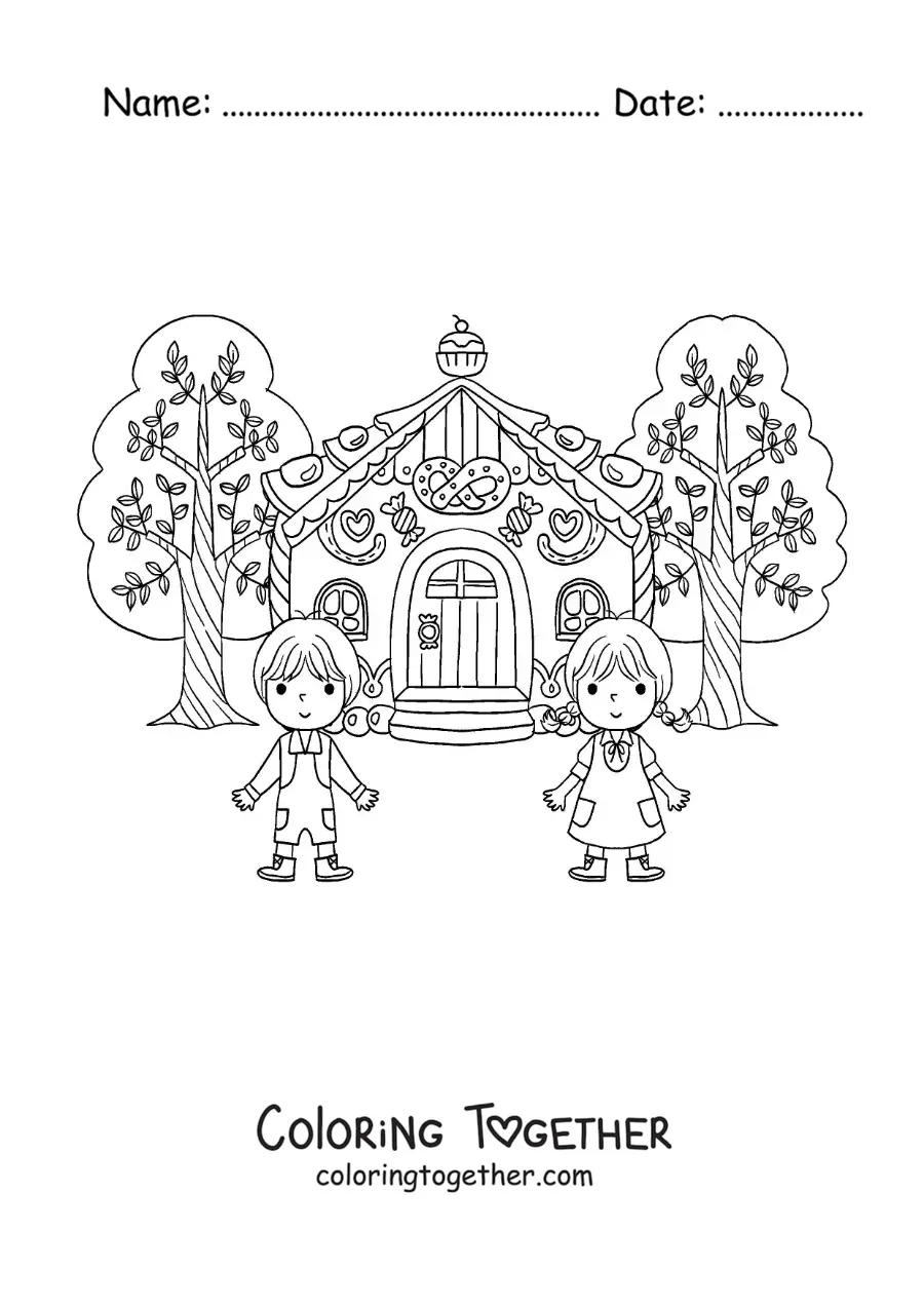 Coloring page of cartoon Hansel and Gretel at the candy house