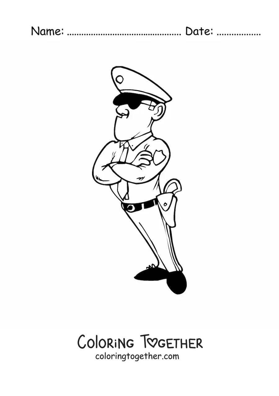 Coloring page of a cartoon of an angry police officer