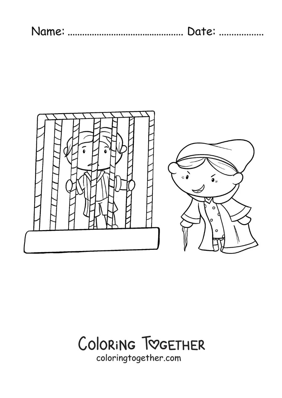 Coloring page of Hansel and Gretel locked up in the witch's house