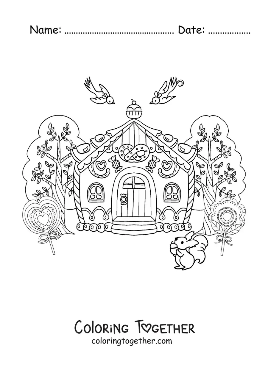 Coloring page of the witch's house from the story of Hansel and Gretel