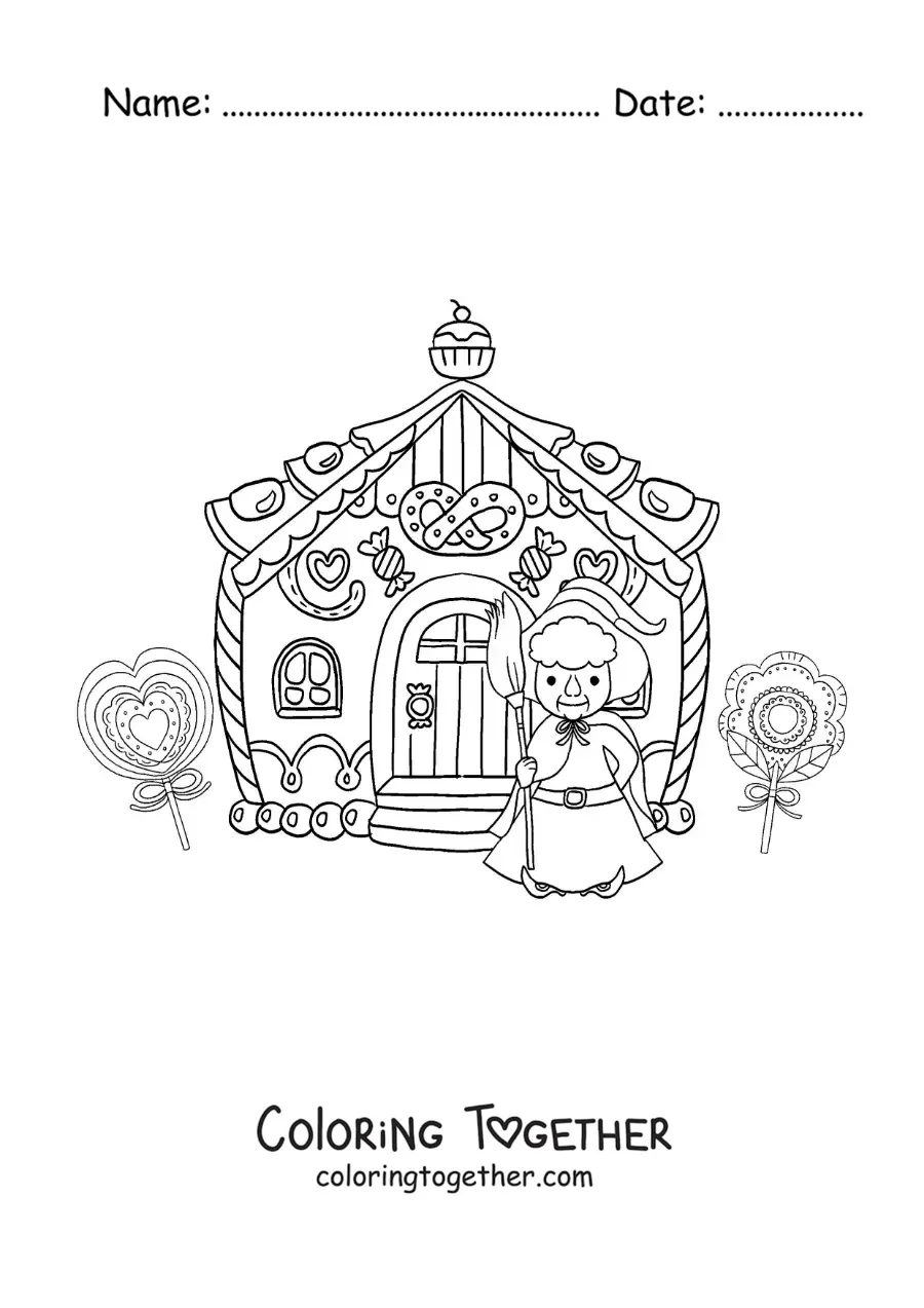 Coloring page of the witch from Hansel and Gretel with her candy house