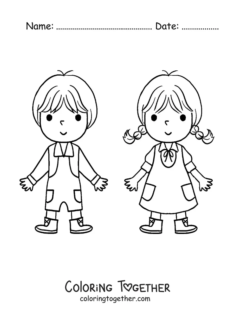 Coloring page of easy cartoon Hansel and Gretel