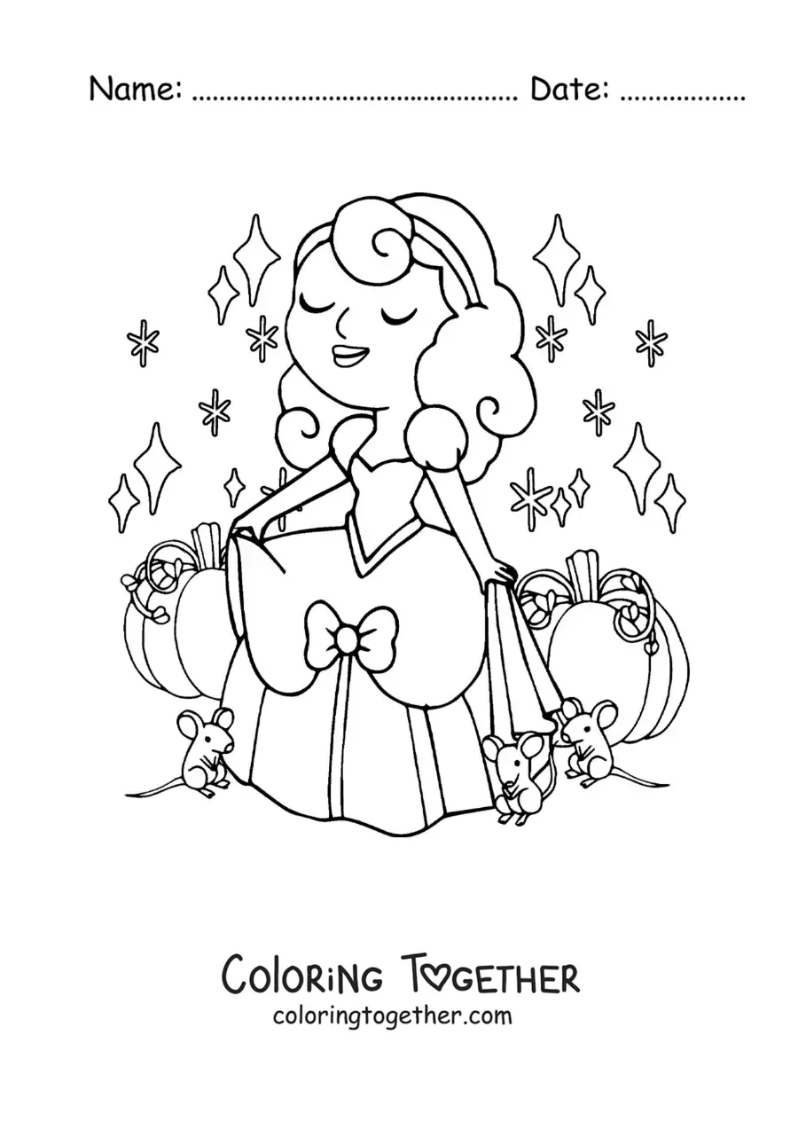 Coloring page of Cinderella in her dress beside the carriage and the little mice