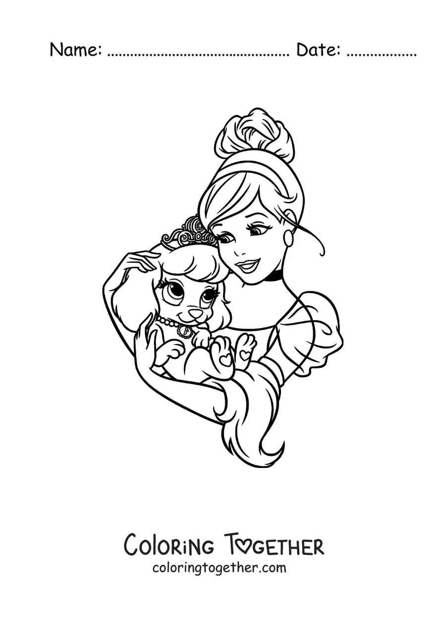 Coloring page of Cinderella with a little dog