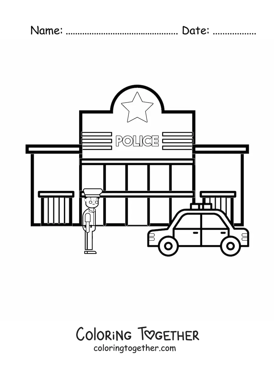 Coloring page of a police officer and a patrol car in front of the station