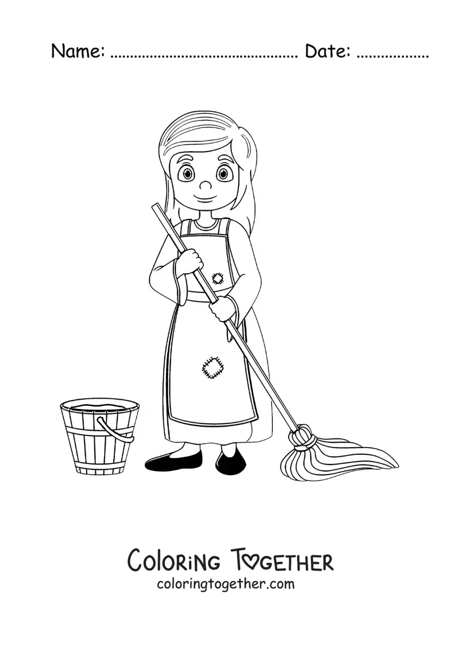 Coloring page of Cinderella cleaning