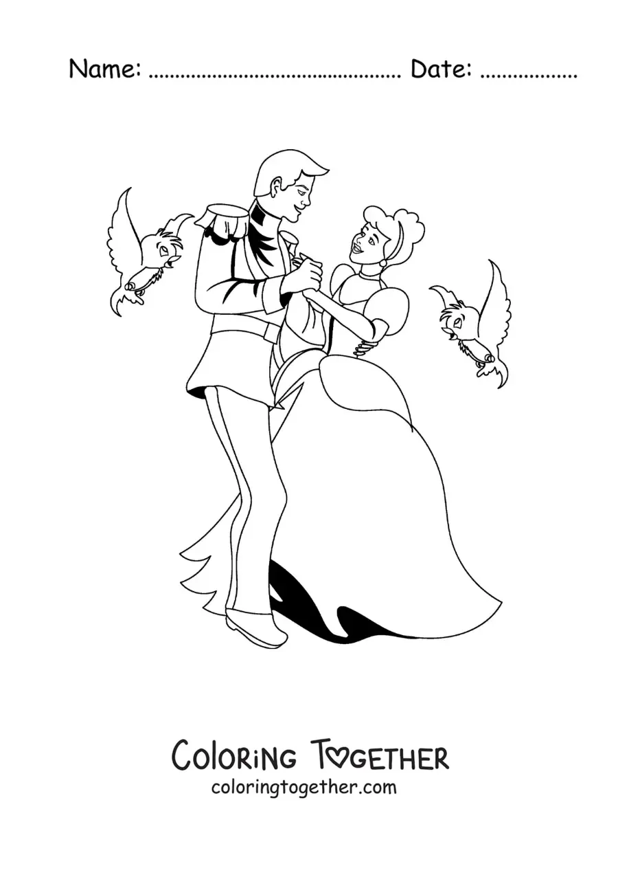 Coloring page of Cinderella dancing with the prince