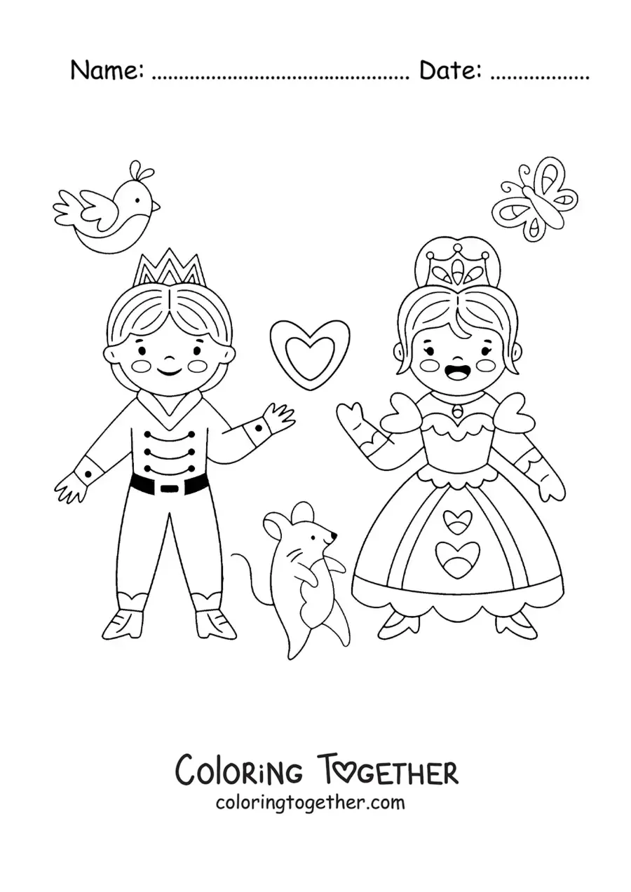 Coloring page of kawaii Cinderella with the prince and an animated mouse