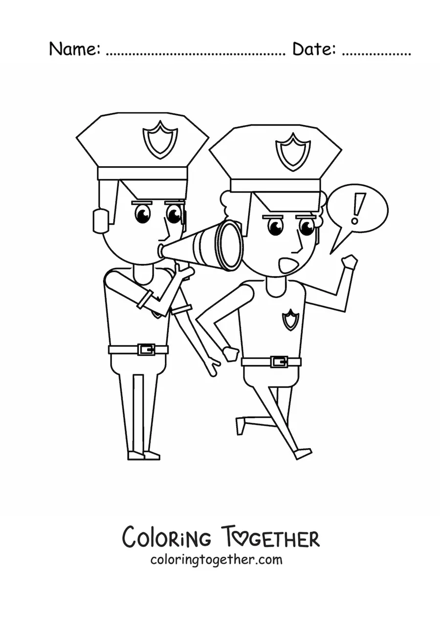 Coloring page of two police officers working as a team